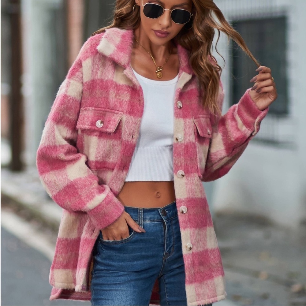 Pink Buffalo Plaid Fuzzy Shacket - Picture 2 of 4